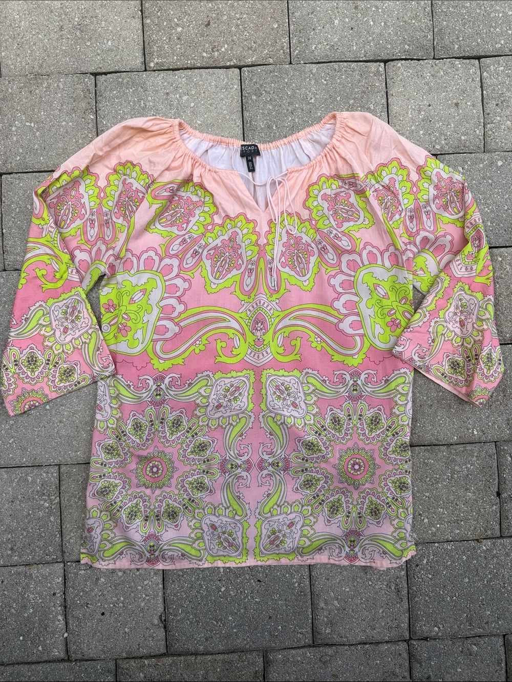 Escada Pink & Lime Paisley Off-Shoulder Tunic